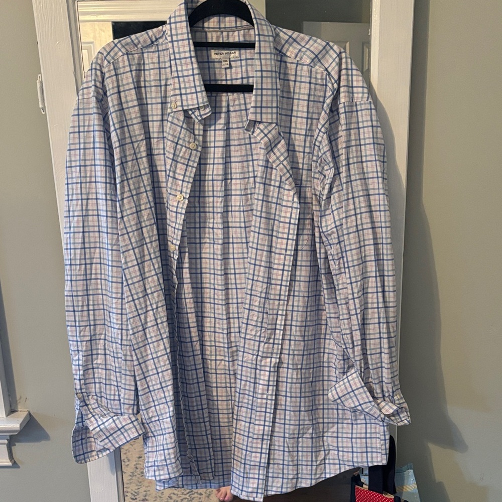 Peter Millar Blue and White Plaid Button-Down Shirt